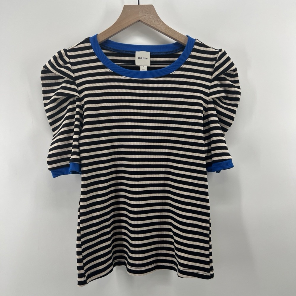 2Pc Maeve Anthropologie Puff Sleeve Top S/M Sheer Swiss Ivory Nautical Stripe - Picture 2 of 16